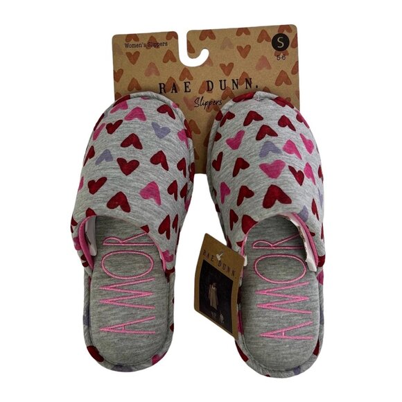 Rae Dunn Women's Slippers Gray Heart Print Amor Small 5/6 & Medium 7/8 New - Picture 5 of 7
